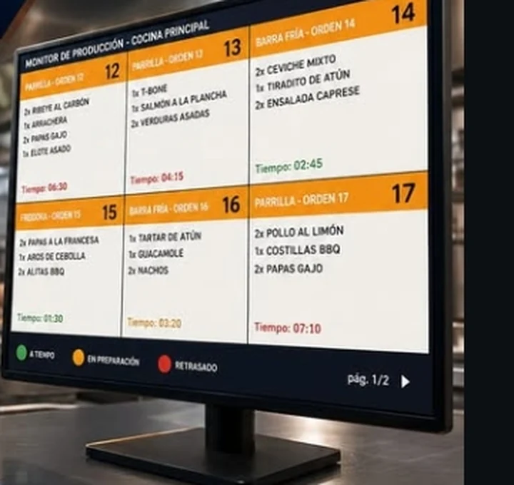 Monitor de producción en la cocina con las órdenes por área